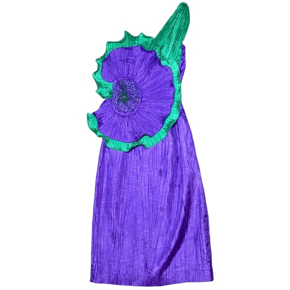 S 4 VTG 80’s BB Collections Purple Green Ruffle Formal One Shoulder Party Dress - Picture 2 of 9